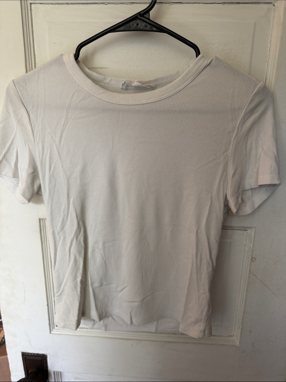 Pink Rose White Ribbed Short Sleeve Crew Tee